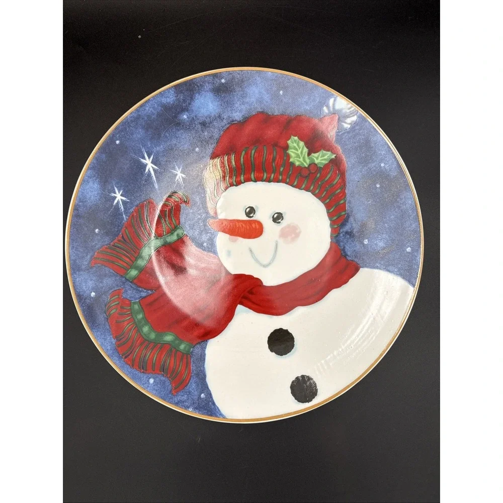 Christmas Holiday Night Snowman Decorative Plate 12.5